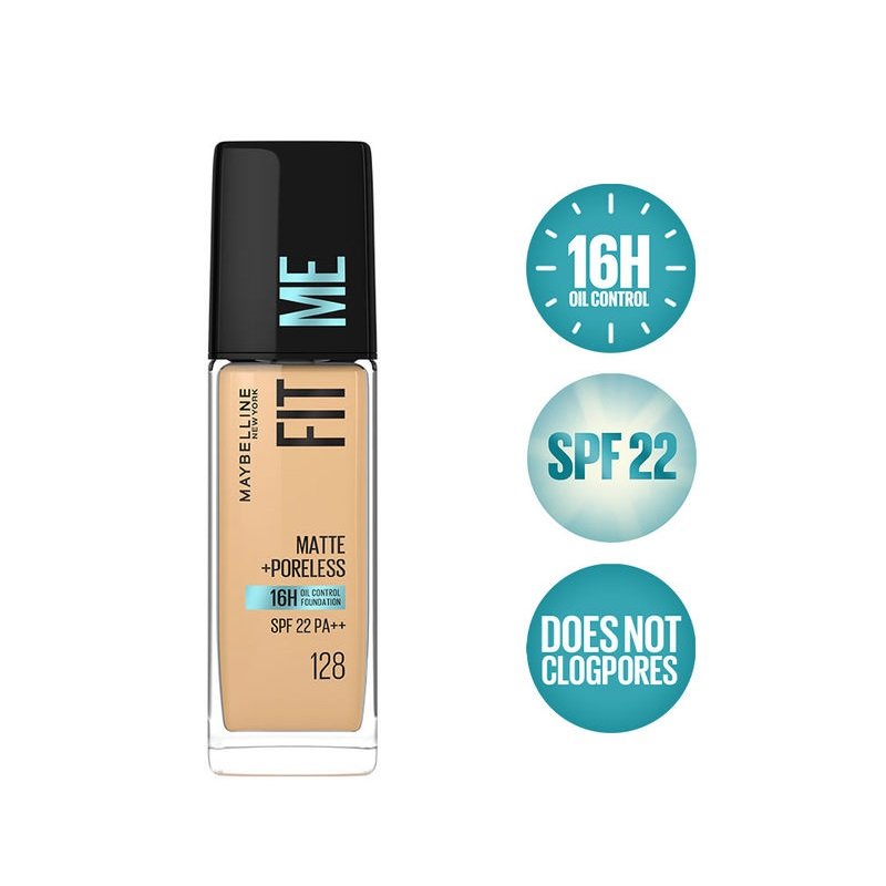 Maybelline New York Fit Me Matte + Poreless Foundation 128 Warm Nude – 16H Oil Control with SPF 22