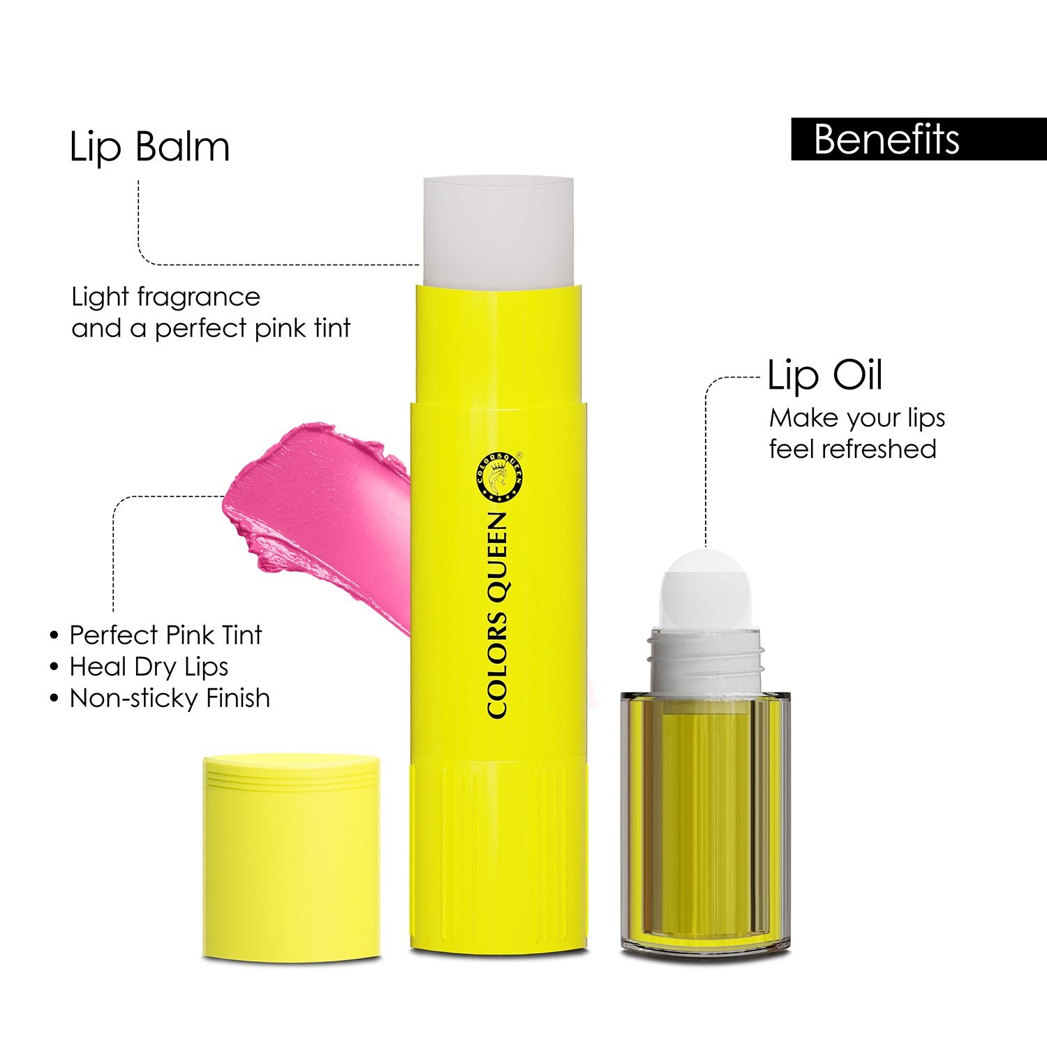 Colors Queen 2 in 1Lip Oil & Balm Duo for Soft, Smooth & Nourished Lips | Lemon - Image 3