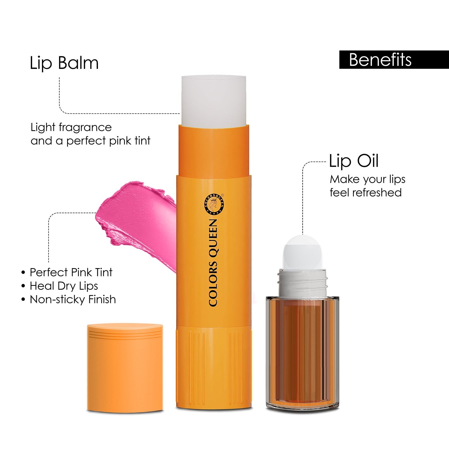 Colors Queen 2 in 1Lip Oil & Balm Duo for Soft, Smooth & Nourished Lips | Orange - Image 4