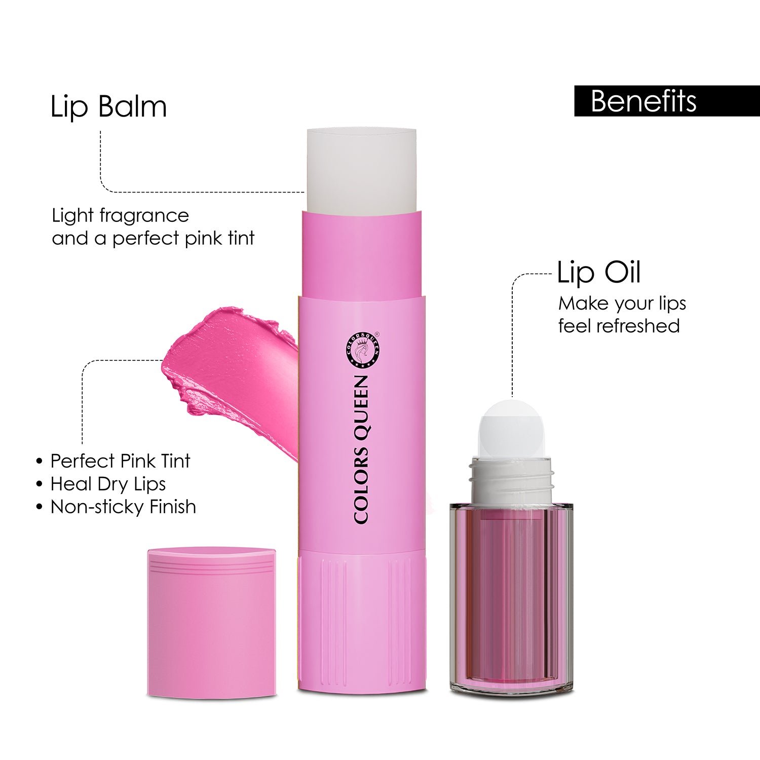 Colors Queen 2 in 1Lip Oil & Balm Duo for Soft, Smooth & Nourished Lips | Pink Rose - Image 3