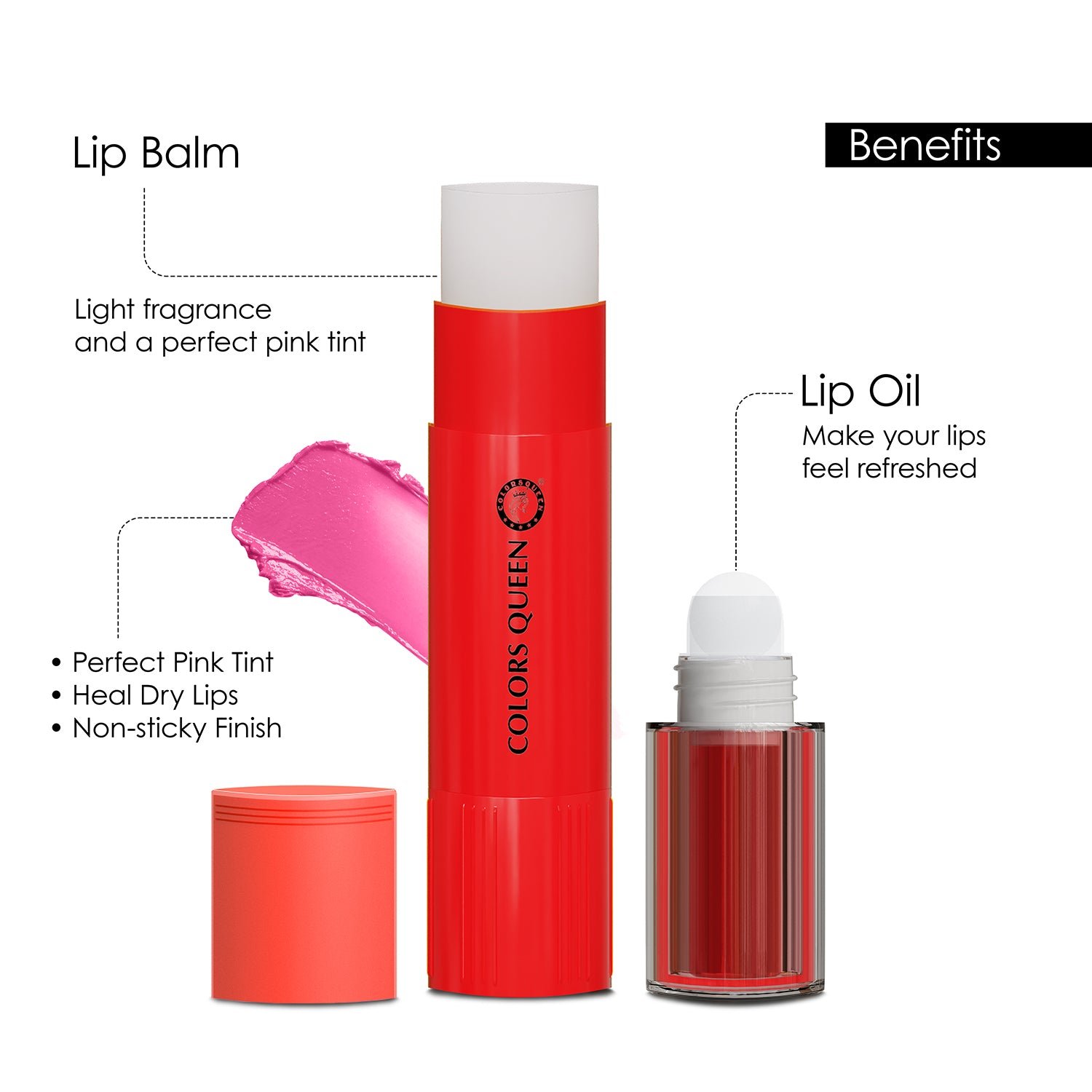 Colors Queen 2 in 1Lip Oil & Balm Duo for Soft, Smooth & Nourished Lips | Strawberry - Image 4